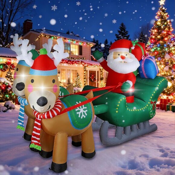⚡6.7FT Christmas Inflatables Santa Sleigh with Two Reindeer Outdoor Decorations - Picture 6 of 7